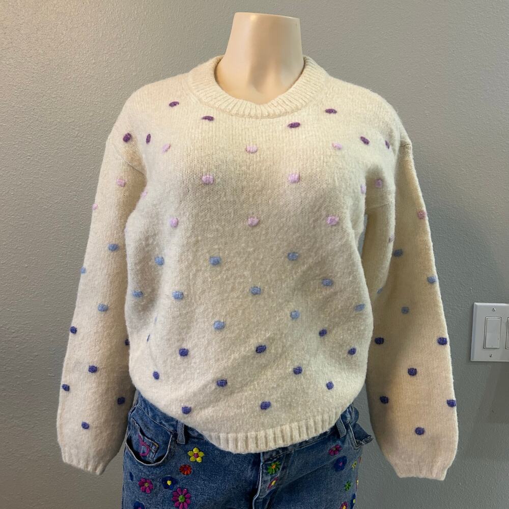 LOFT Women’s XS Ivory Bobble Dot Knit Sweater Purple Blue Crewneck